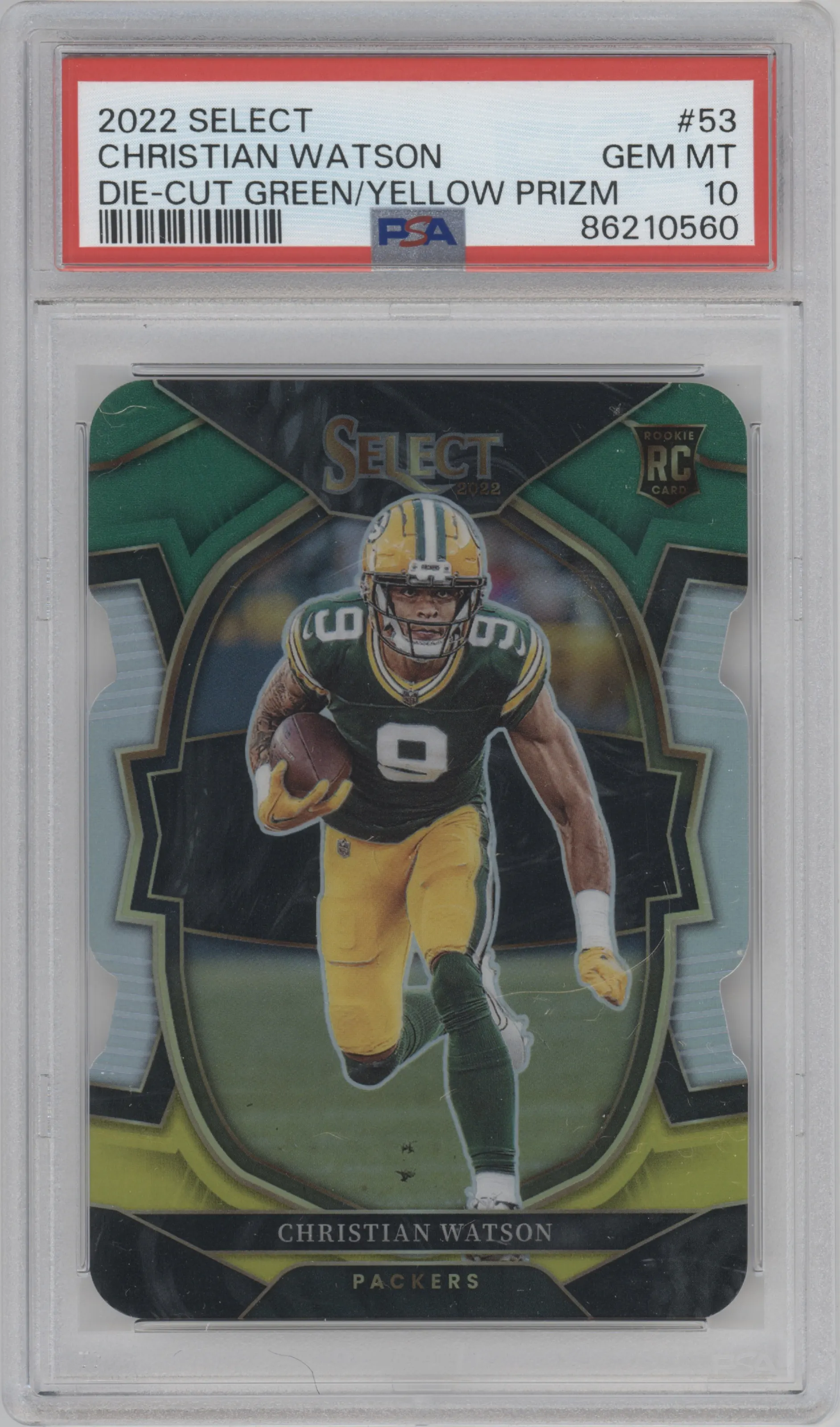 2022 Panini Select Christian Watson Die-Cut Green/Yellow PSA 10