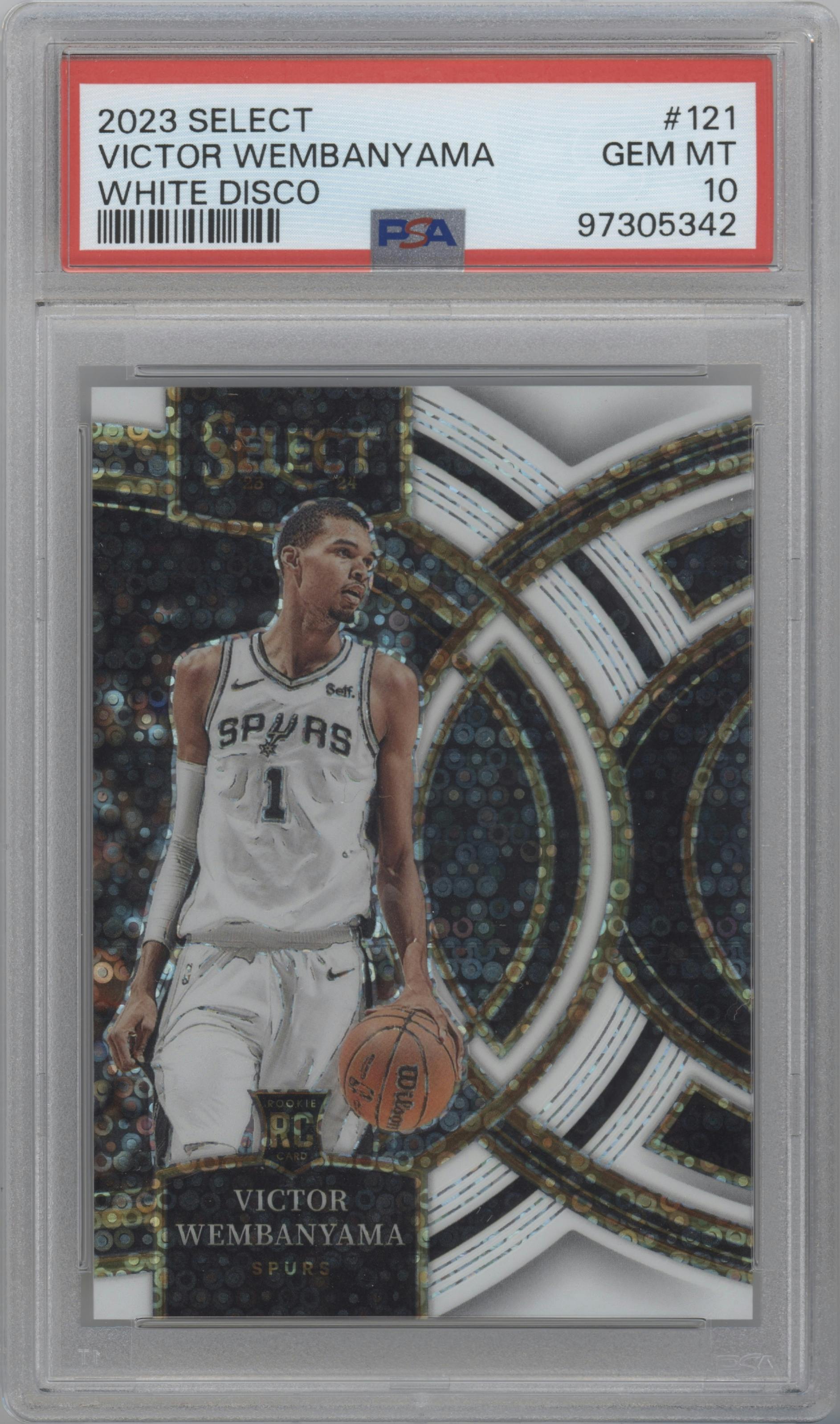 Victor Wembanyama from the 2023-24 Panini Select  set featuring a White Disco  parallel graded by PSA and given an overall grade of 10.