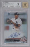 Gleyber Torres from the 2017 Bowman set featuring a Refractor parallel graded by Beckett and given an overall grade of 9.