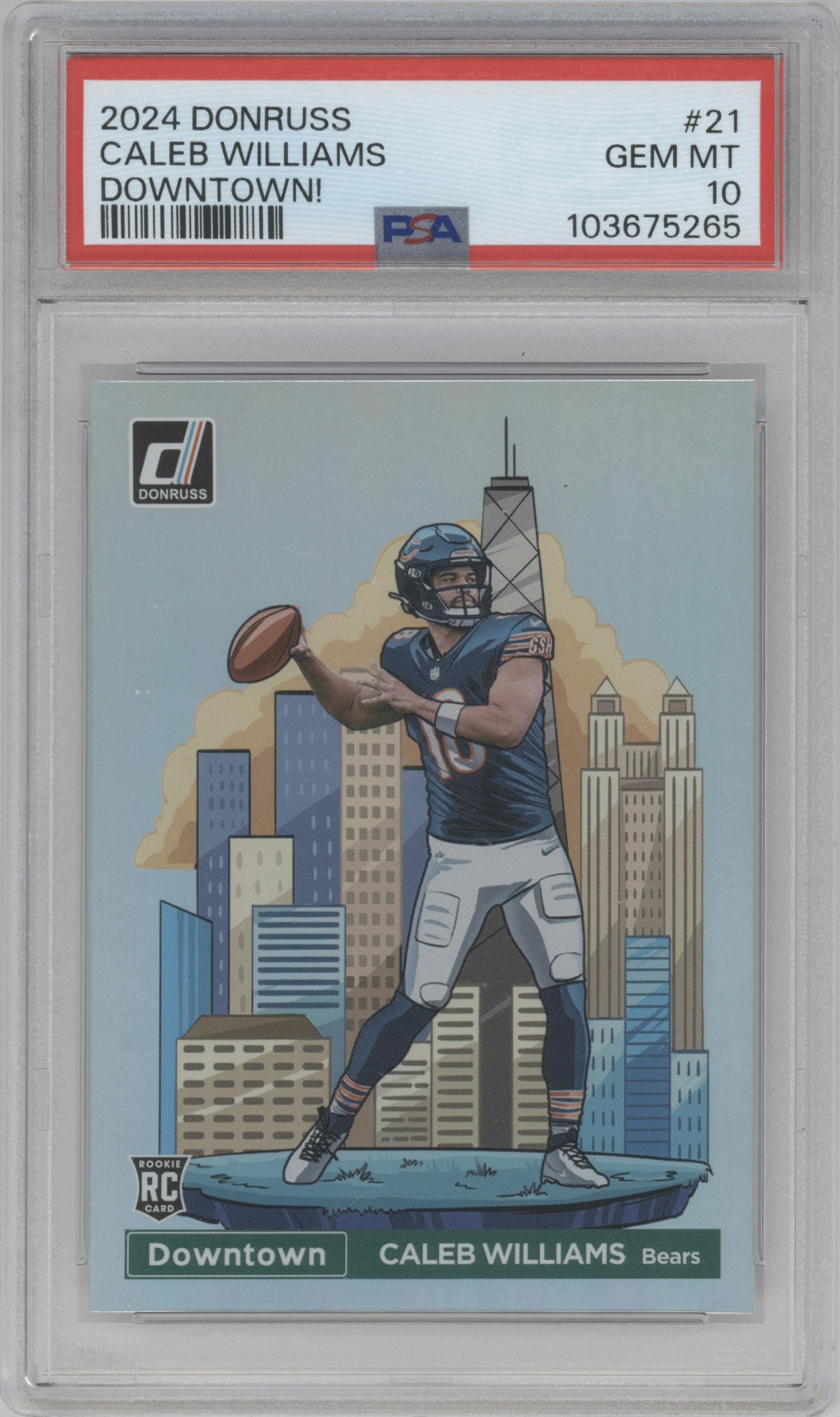 Caleb Williams from the 2024 Donruss set graded by PSA and given an overall grade of 10.