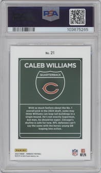 Caleb Williams from the 2024 Donruss set graded by PSA and given an overall grade of 10.