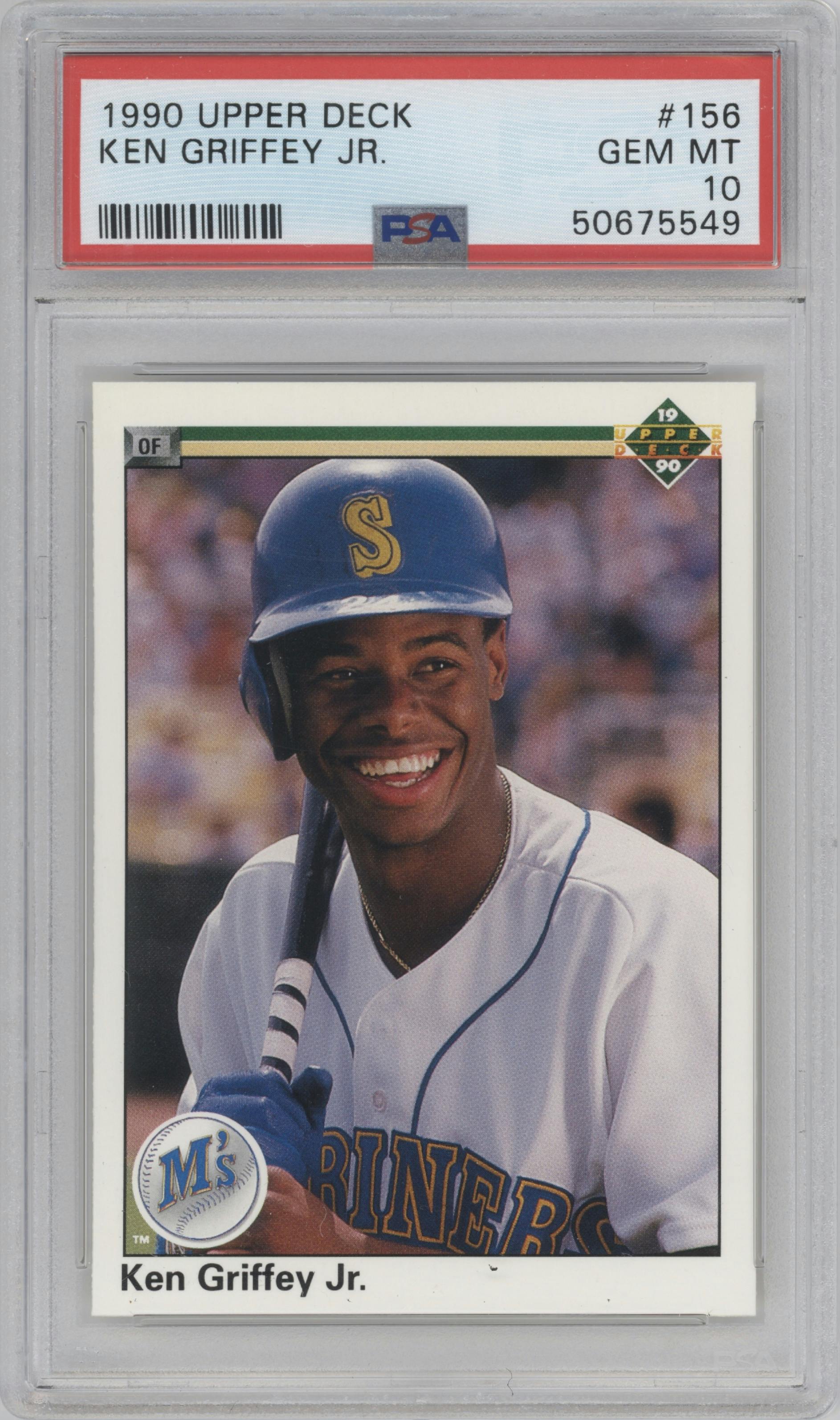 Ken Griffey Jr. from the 1990 Upper Deck set graded by PSA and given an overall grade of 10.