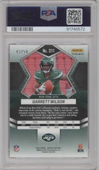 Garrett Wilson from the 2022 Panini Mosaic set featuring a No Huddle Purple parallel graded by PSA and given an overall grade of 10.