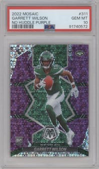 Garrett Wilson from the 2022 Panini Mosaic set featuring a No Huddle Purple parallel graded by PSA and given an overall grade of 10.