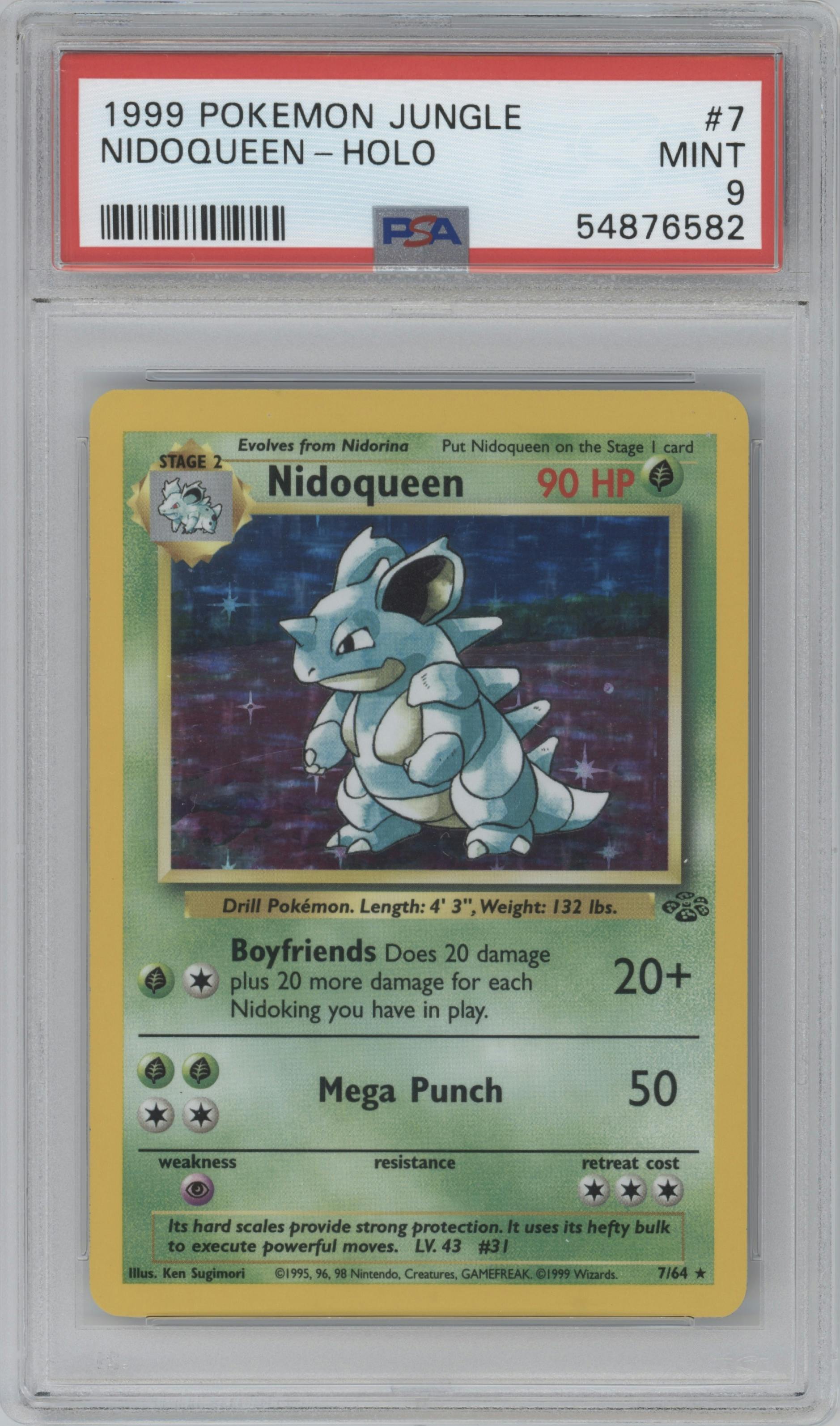 Nidoqueen from the 1999 Pokemon set graded by PSA and given an overall grade of 9.