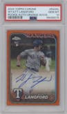 Wyatt Langford from the 2024 Topps Chrome set featuring a Orange Wave Refractor parallel graded by PSA and given an overall grade of 10.