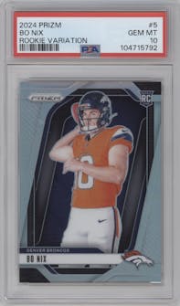 Bo Nix from the 2024 Panini Prizm set featuring a Silver Prizm parallel graded by PSA and given an overall grade of 10.