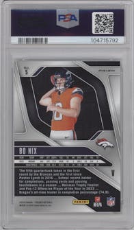Bo Nix from the 2024 Panini Prizm set featuring a Silver Prizm parallel graded by PSA and given an overall grade of 10.