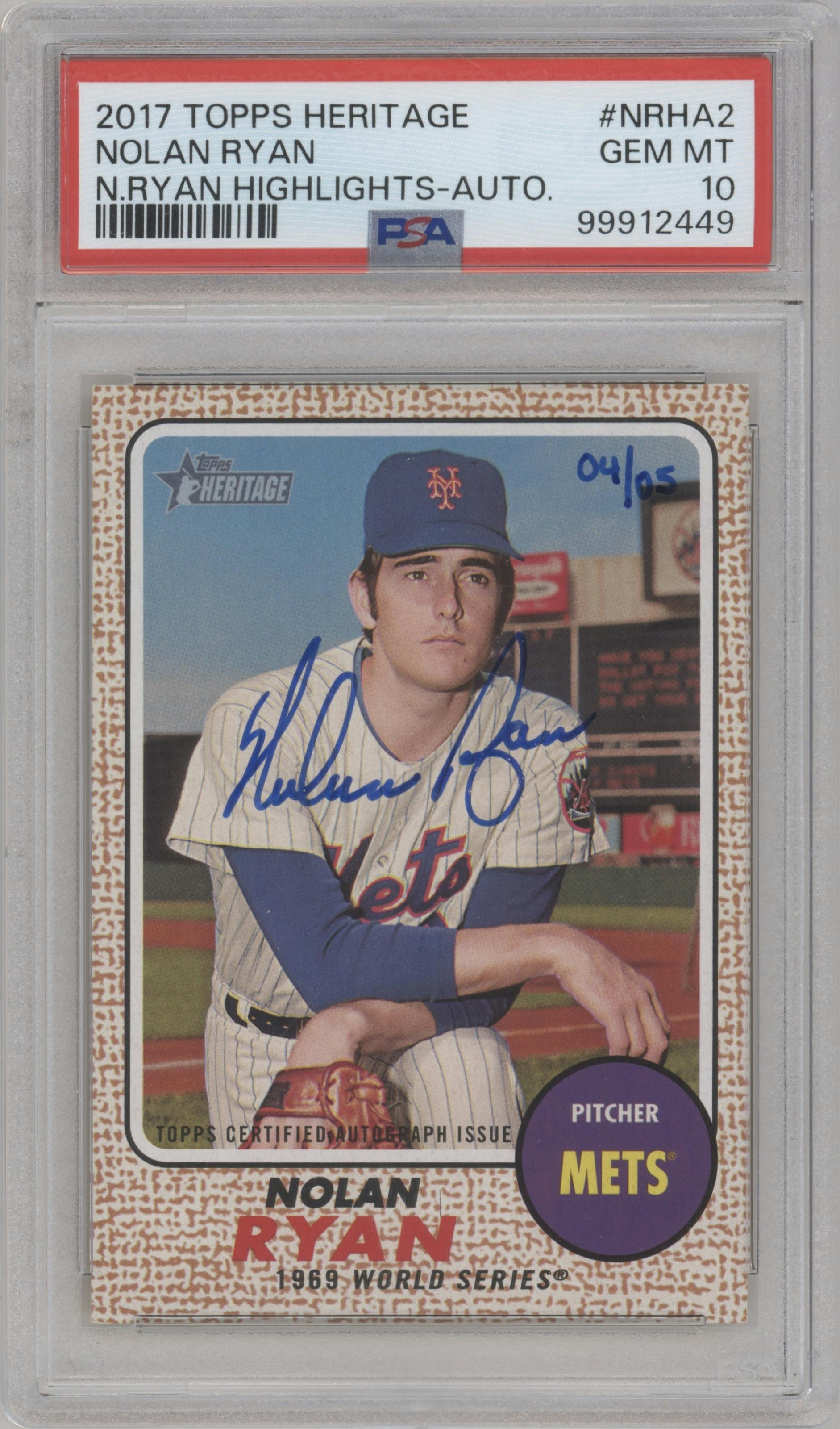 Nolan Ryan from the 2017 Topps Heritage High Number set graded by PSA and given an overall grade of 10.
