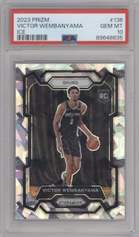 Victor Wembanyama from the 2023-24 Panini Prizm set featuring a Ice Prizm parallel graded by PSA and given an overall grade of 10.
