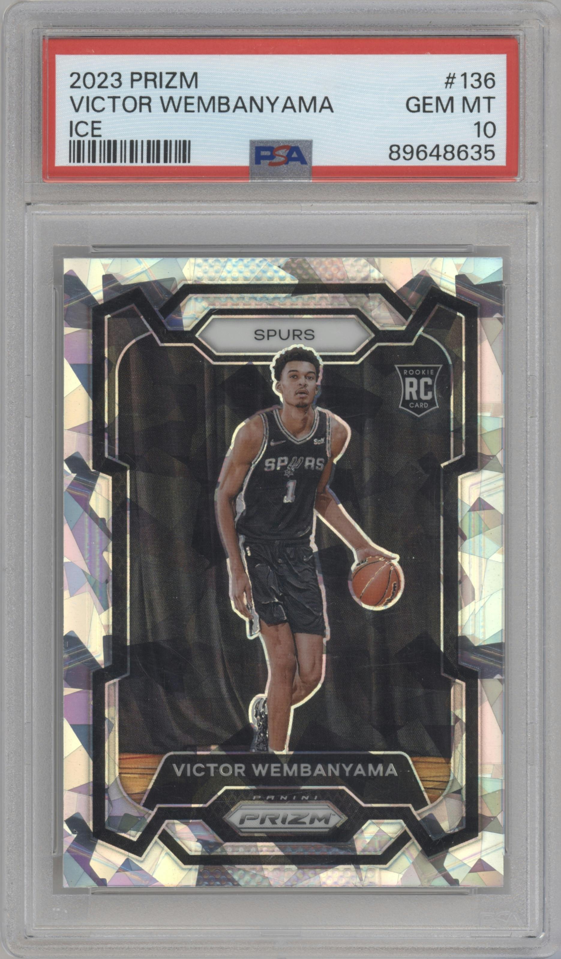 Victor Wembanyama from the 2023-24 Panini Prizm set featuring a Ice Prizm parallel graded by PSA and given an overall grade of 10.