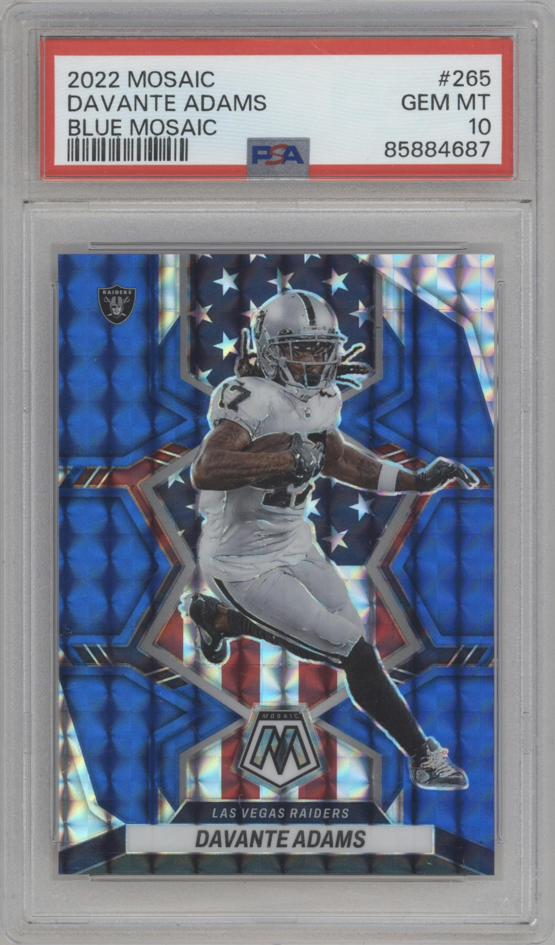 Davante Adams from the 2022 Panini Mosaic set featuring a Blue Mosaic parallel graded by PSA and given an overall grade of 10.