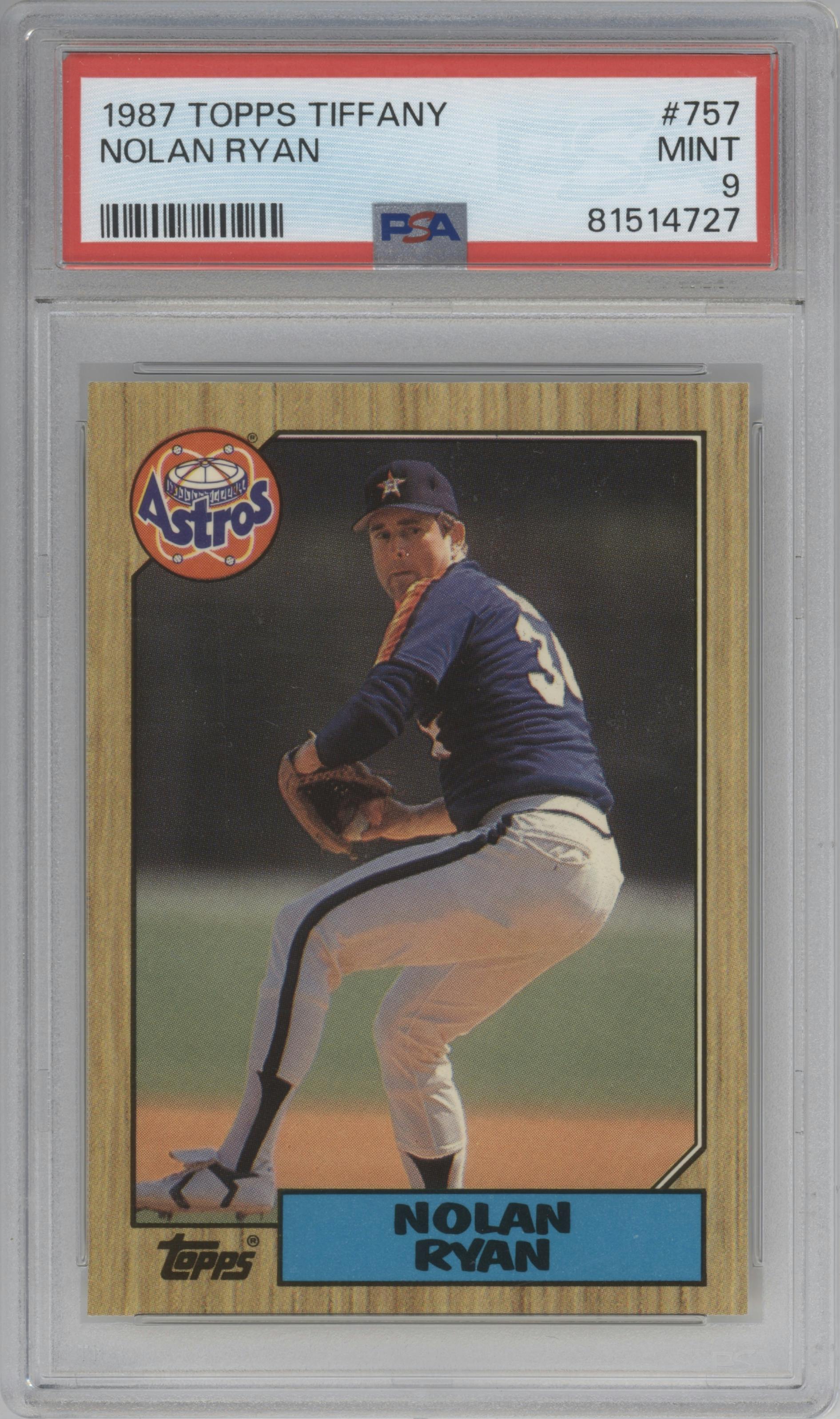 Nolan Ryan from the 1987 Topps set featuring a Tiffany parallel graded by PSA and given an overall grade of 9.