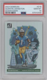 Quentin Johnston from the 2023 Panini Donruss set graded by PSA and given an overall grade of 10.
