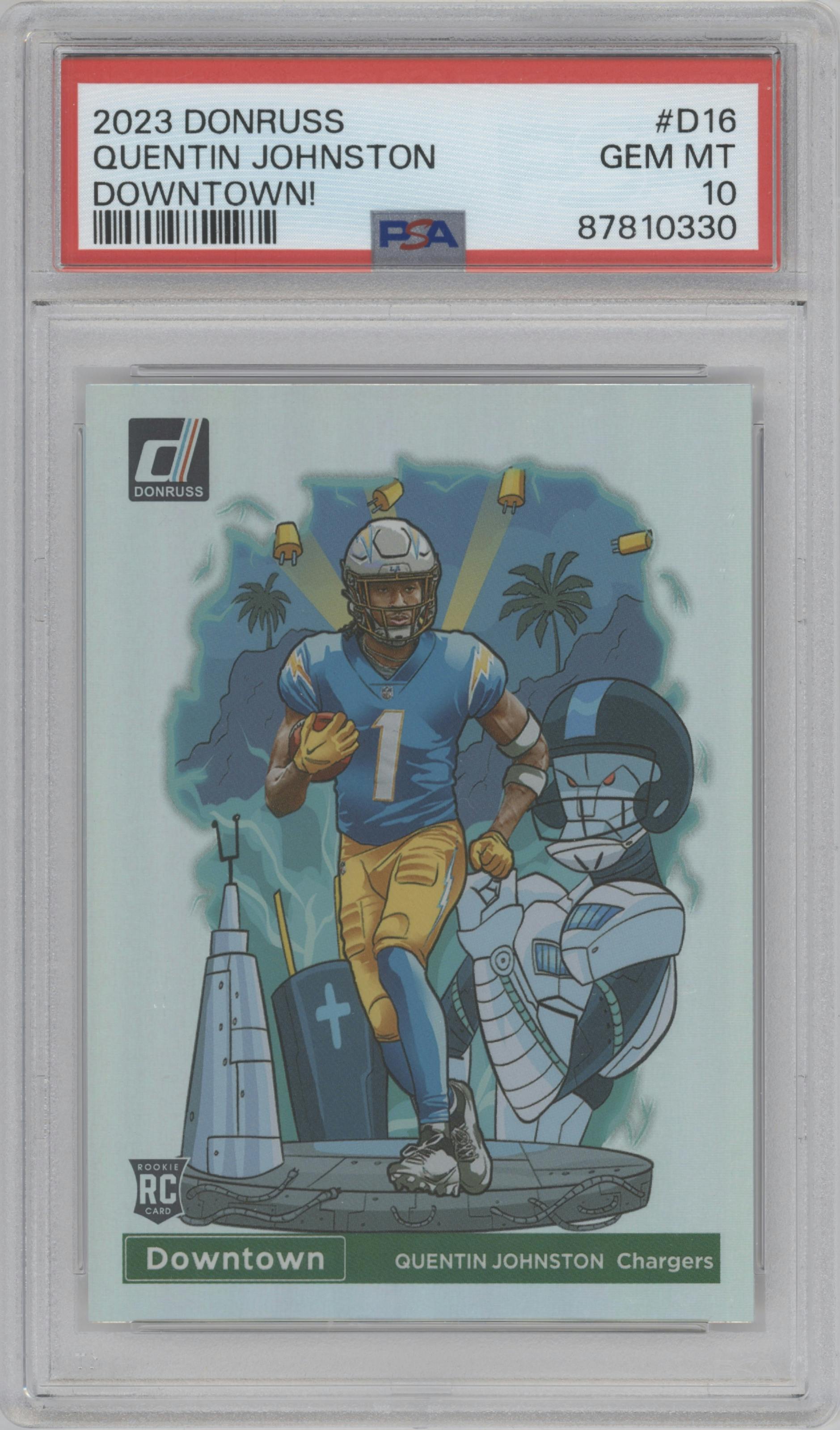 Quentin Johnston from the 2023 Panini Donruss set graded by PSA and given an overall grade of 10.
