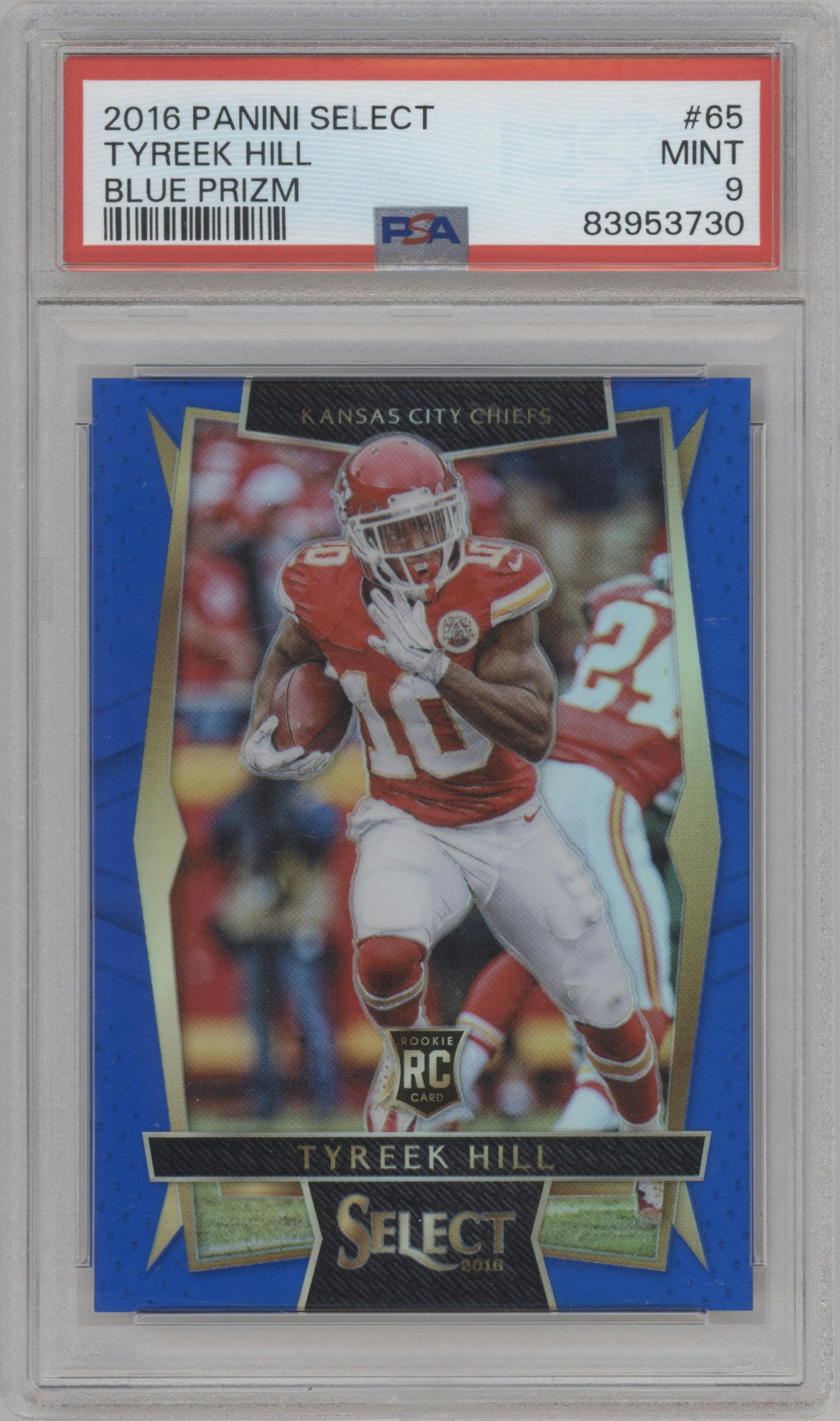 Tyreek Hill from the 2016 Panini Select set featuring a Blue Prizm parallel graded by PSA and given an overall grade of 9.