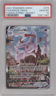 Espeon VMAX from the 2021 Pokemon SWSH set graded by PSA and given an overall grade of 10.