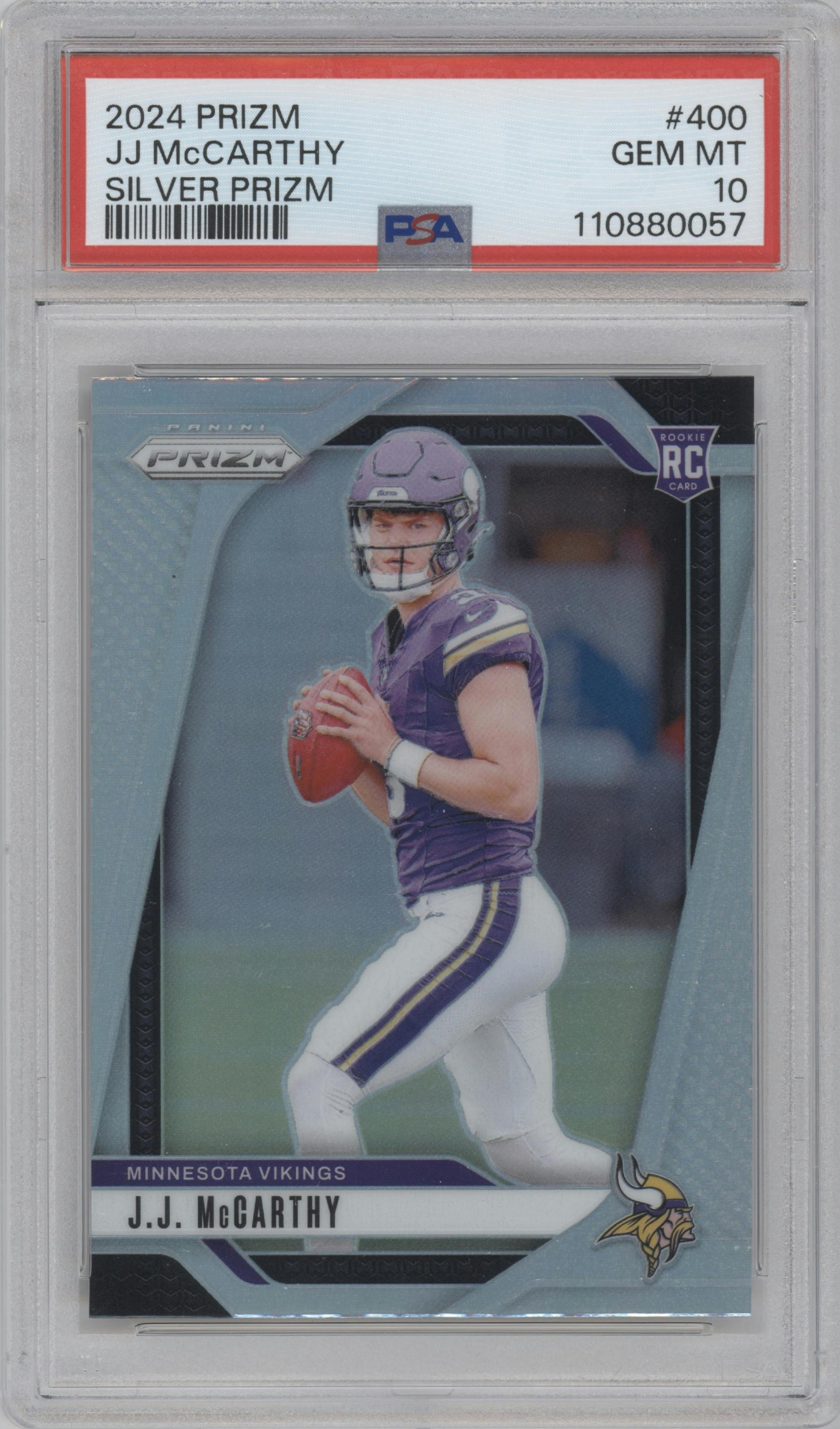 J.J. McCarthy from the 2024 Panini Prizm set featuring a Silver Prizm parallel graded by PSA and given an overall grade of 10.