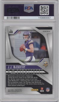J.J. McCarthy from the 2024 Panini Prizm set featuring a Silver Prizm parallel graded by PSA and given an overall grade of 10.
