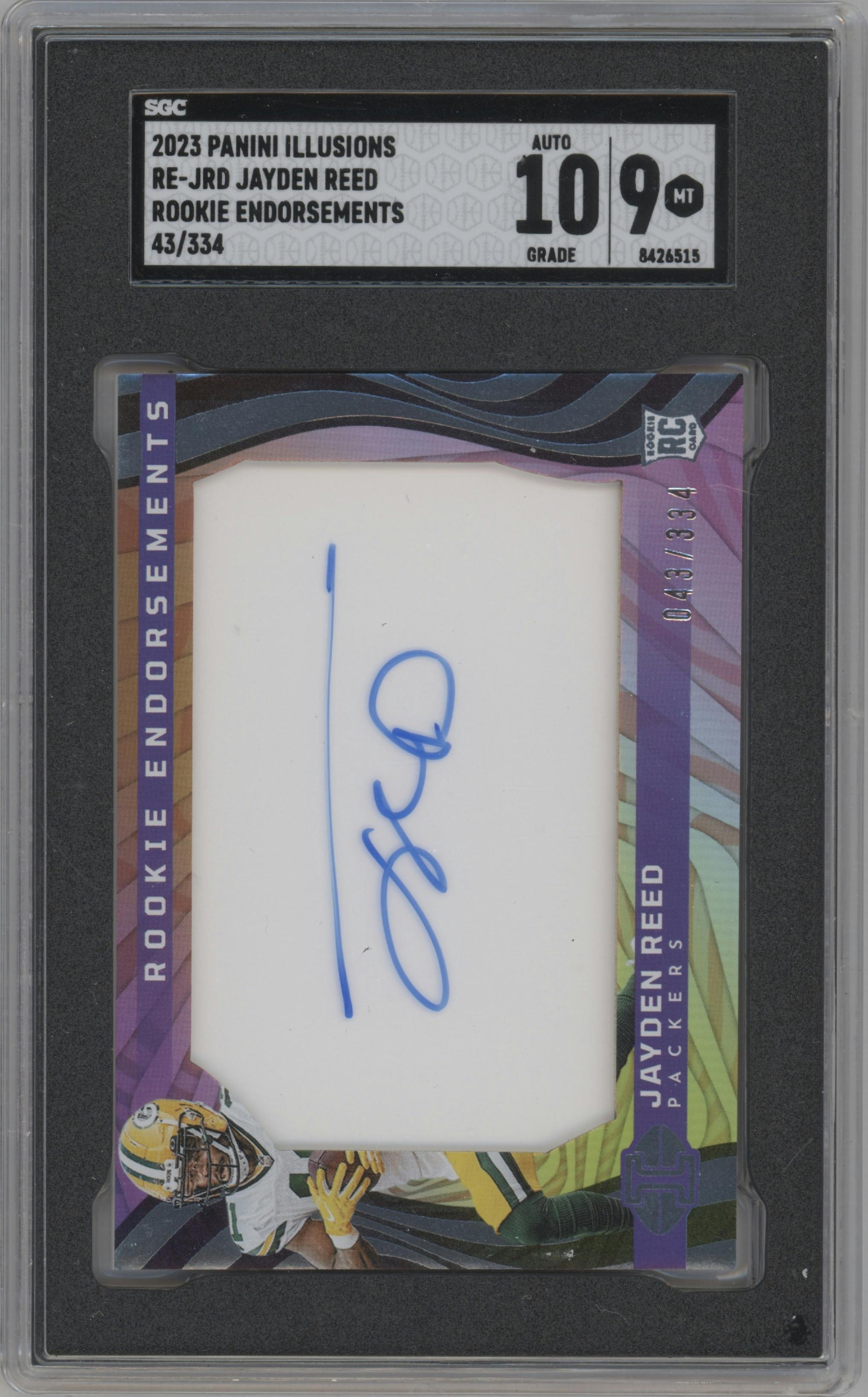 Jayden Reed from the 2023 Panini Illusions set graded by SGC and given an overall grade of 9.