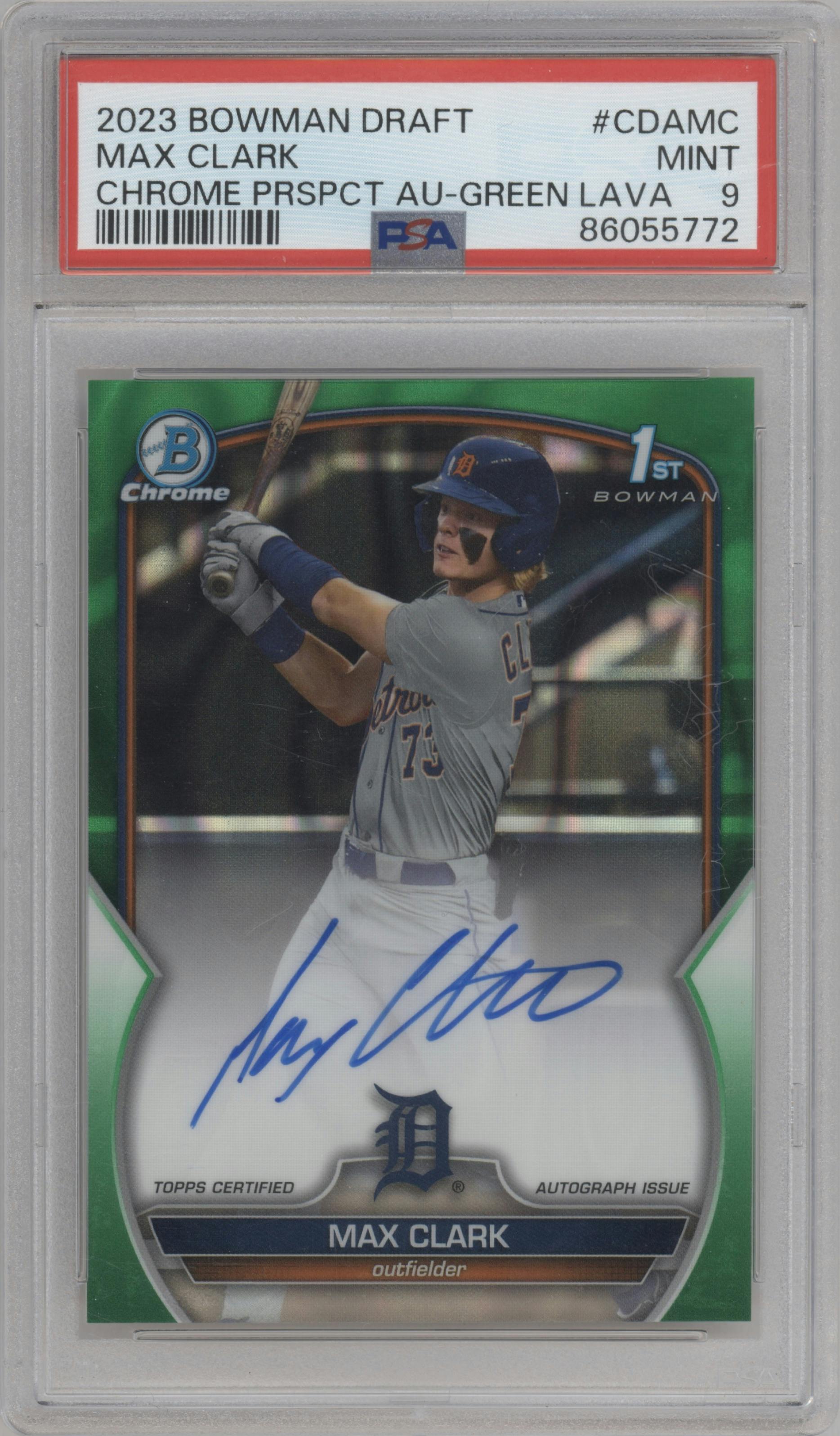 Max Clark from the 2023 Bowman Draft set featuring a Green Lava Refractor parallel graded by PSA and given an overall grade of 9.