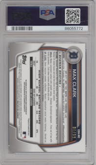 Max Clark from the 2023 Bowman Draft set featuring a Green Lava Refractor parallel graded by PSA and given an overall grade of 9.