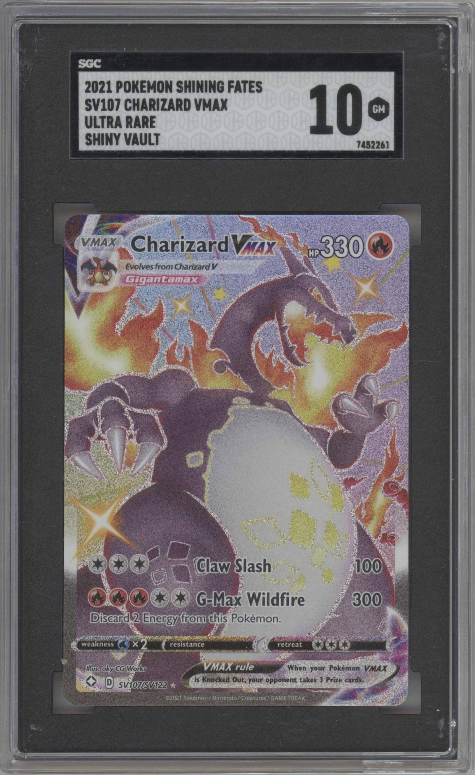 Charizard VMAX from the 2021 Pokemon SWSH set graded by SGC and given an overall grade of 10.