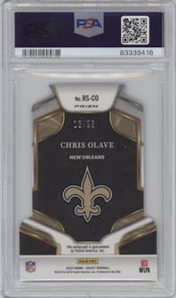 Chris Olave from the 2022 Panini Select set featuring a Die-Cut Tie-Dye parallel graded by PSA and given an overall grade of 10.