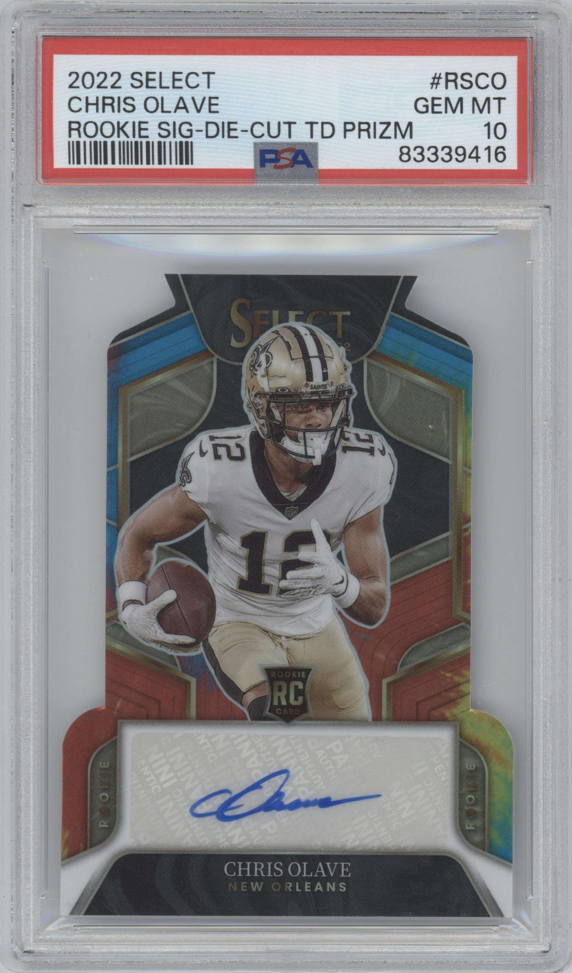 Chris Olave from the 2022 Panini Select set featuring a Die-Cut Tie-Dye parallel graded by PSA and given an overall grade of 10.