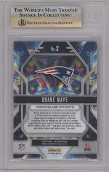 Drake Maye from the 2024 Panini Prizm set featuring a Silver Prizm parallel graded by Beckett and given an overall grade of 9.5.