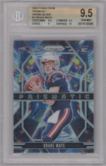 Drake Maye from the 2024 Panini Prizm set featuring a Silver Prizm parallel graded by Beckett and given an overall grade of 9.5.