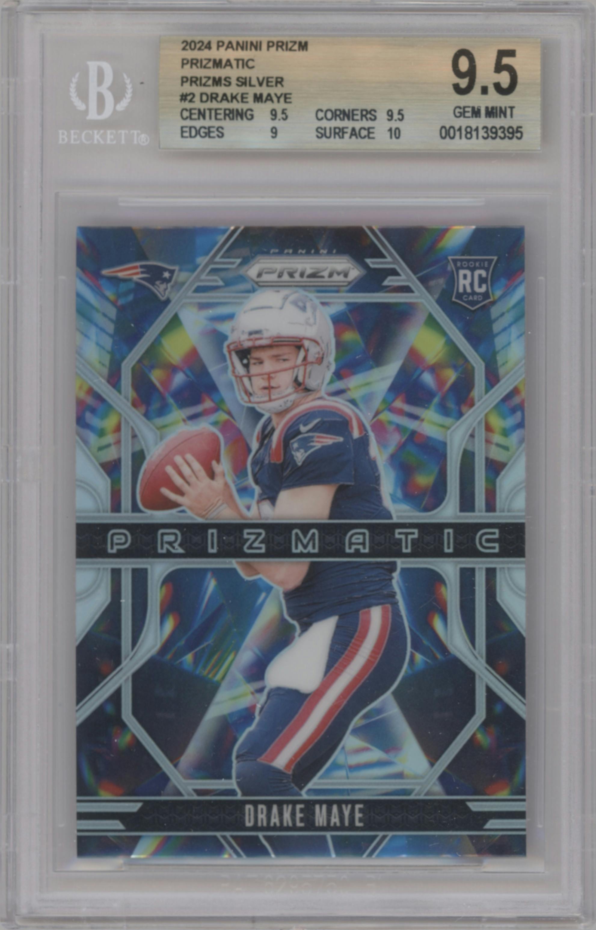 Drake Maye from the 2024 Panini Prizm set featuring a Silver Prizm parallel graded by Beckett and given an overall grade of 9.5.