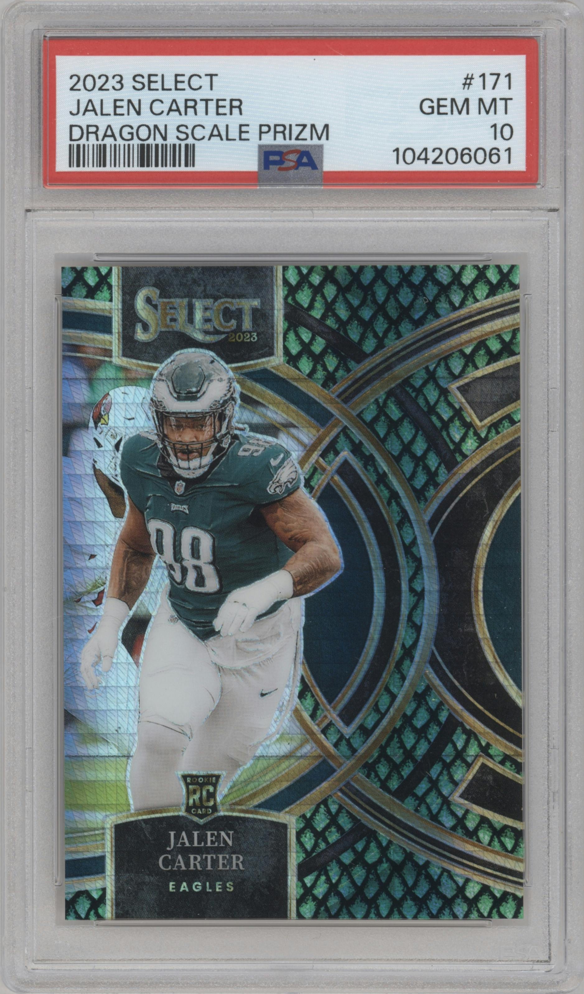 Jalen Carter from the 2023 Panini Select set featuring a Dragon Scale parallel graded by PSA and given an overall grade of 10.