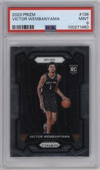 Victor Wembanyama from the 2023-24 Panini Prizm set graded by PSA and given an overall grade of 9.