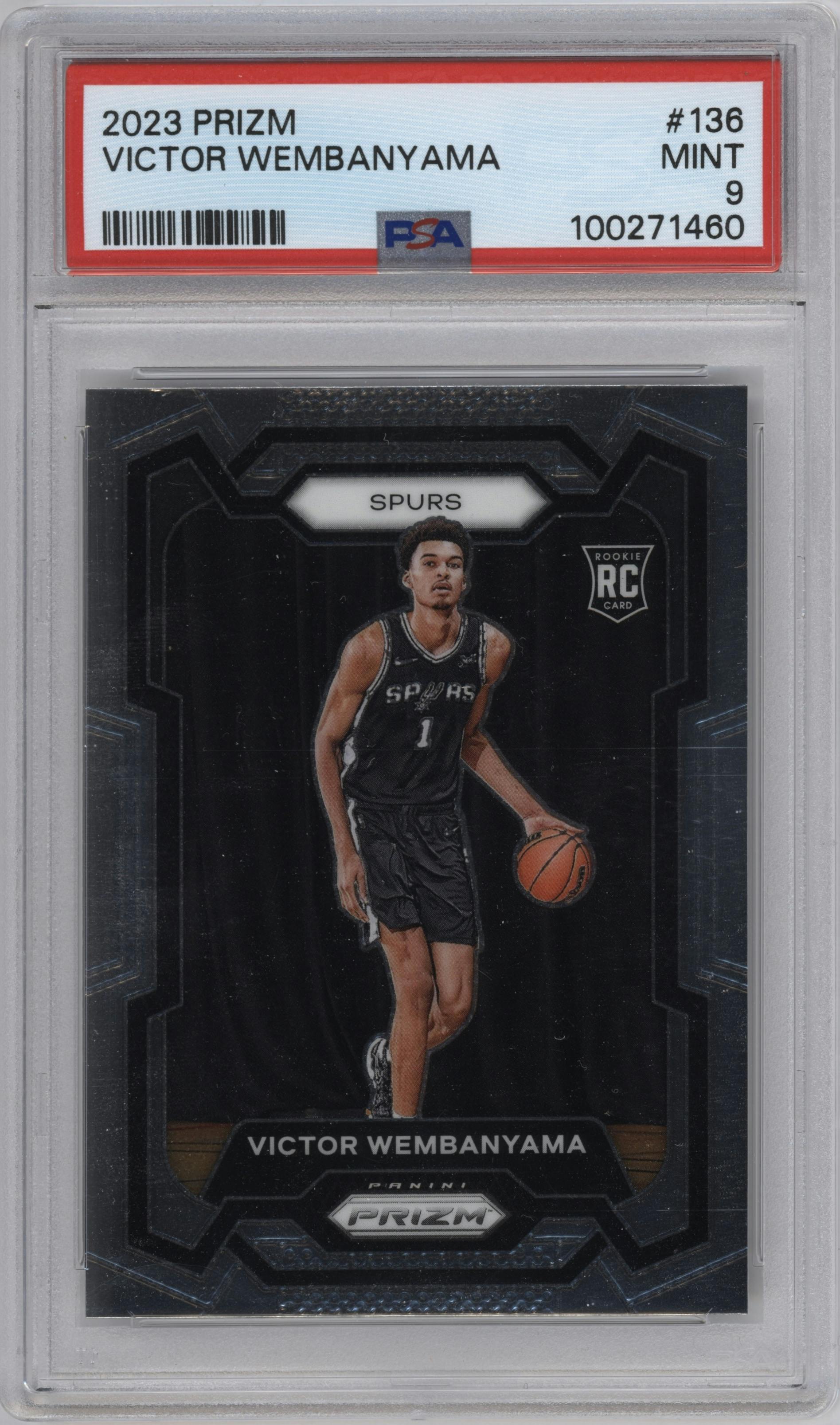 Victor Wembanyama from the 2023-24 Panini Prizm set graded by PSA and given an overall grade of 9.
