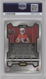Michael Wilson from the 2023 Panini Prizm set graded by PSA and given an overall grade of 10.