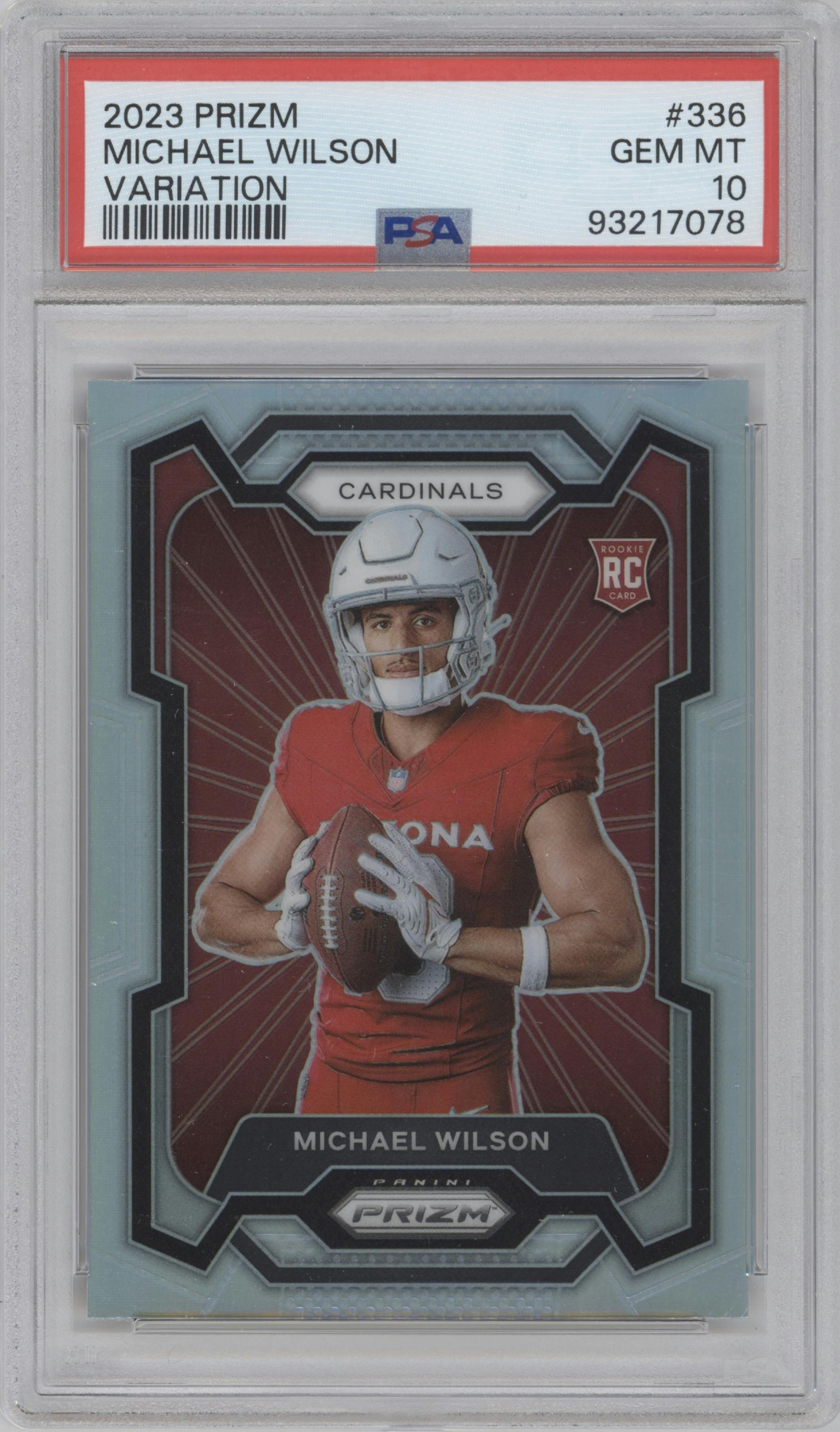 Michael Wilson from the 2023 Panini Prizm set graded by PSA and given an overall grade of 10.