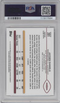Jayden Daniels from the 2024 Topps Chrome set featuring a Refractor parallel graded by PSA and given an overall grade of 9.