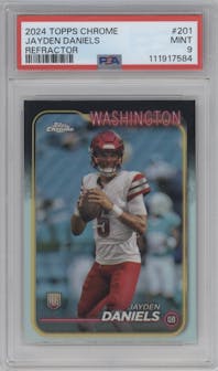 Jayden Daniels from the 2024 Topps Chrome set featuring a Refractor parallel graded by PSA and given an overall grade of 9.