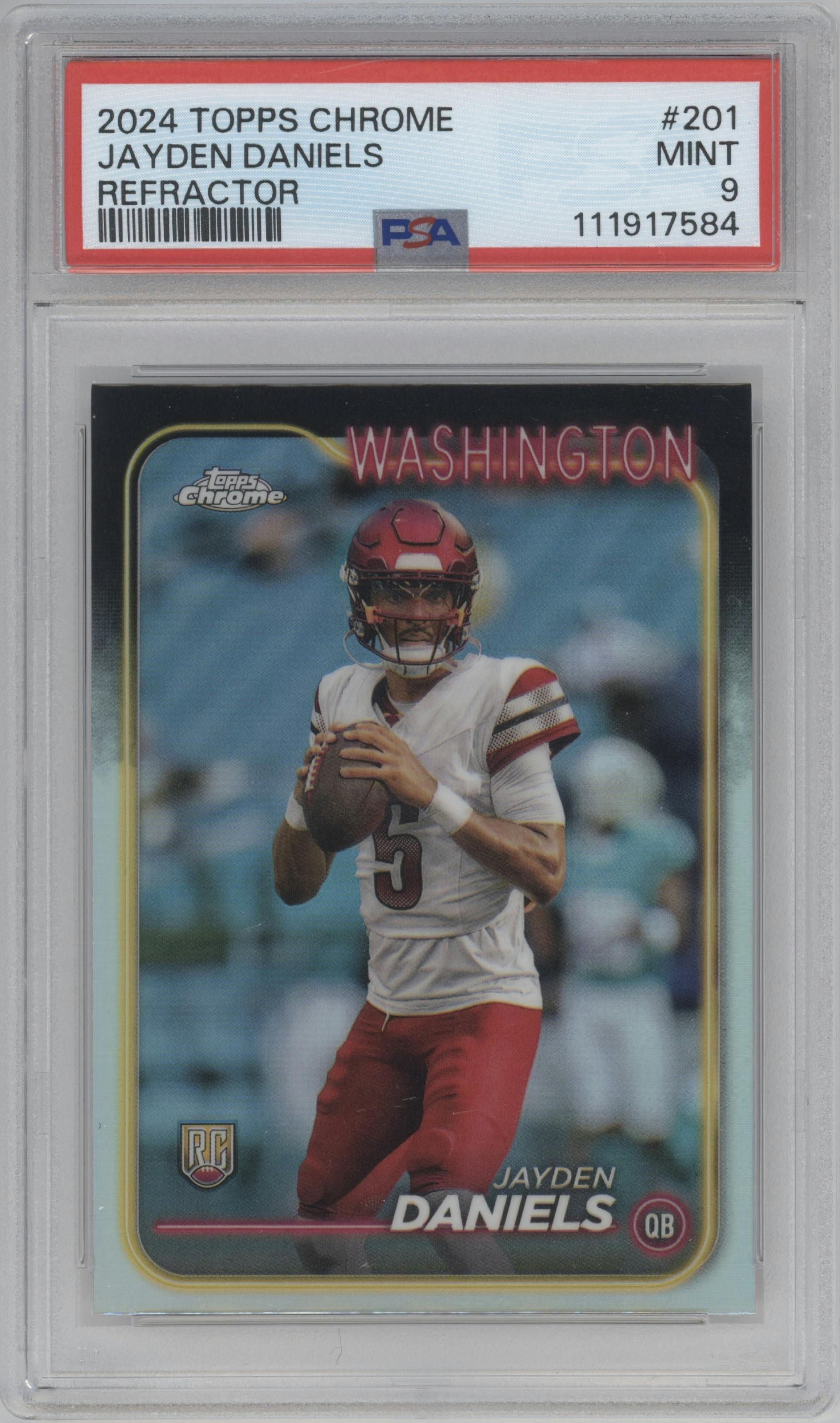 Jayden Daniels from the 2024 Topps Chrome set featuring a Refractor parallel graded by PSA and given an overall grade of 9.