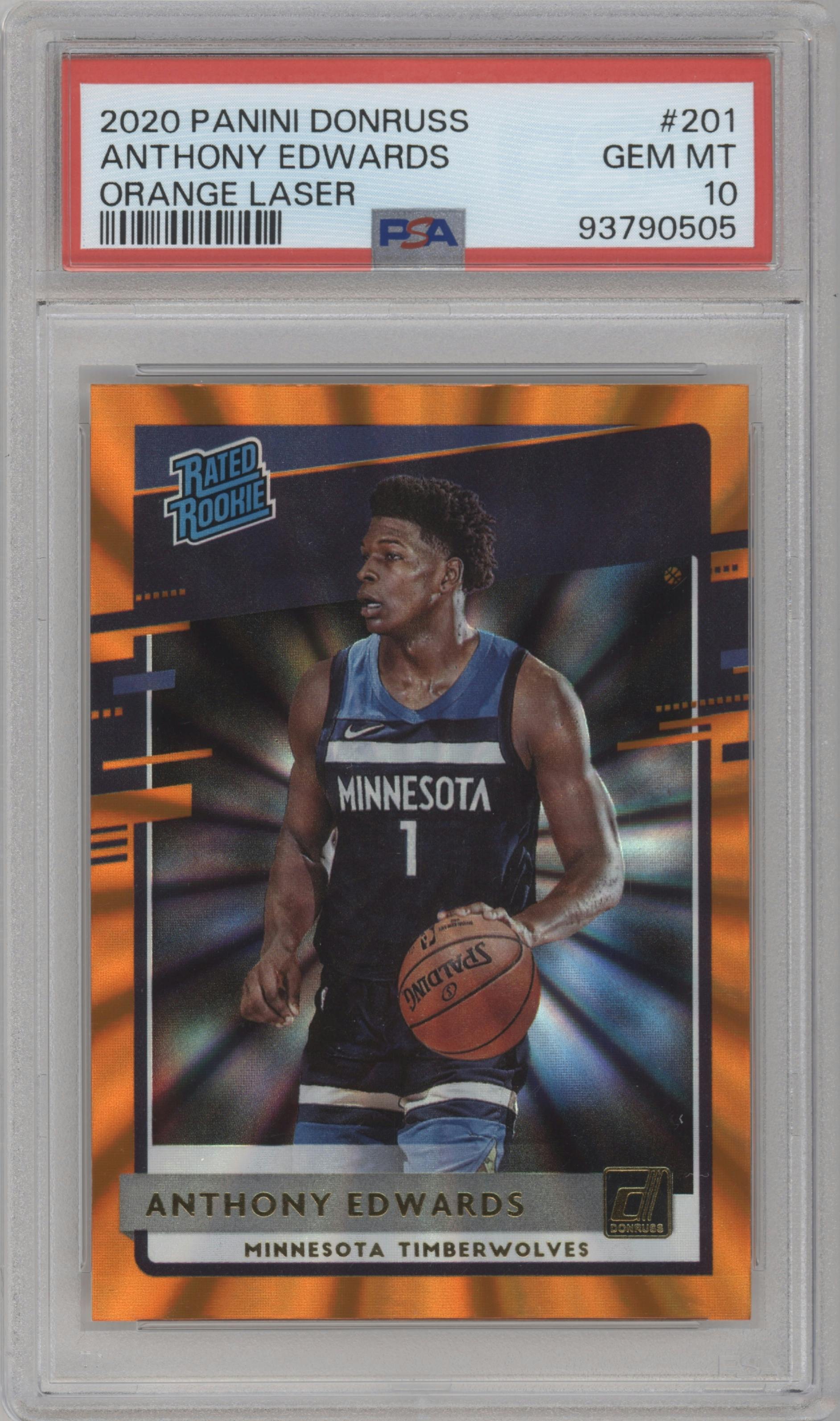 Anthony Edwards from the 2020-21 Panini Donruss set featuring a Orange Laser parallel graded by PSA and given an overall grade of 10.