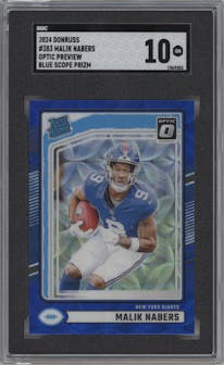 Malik Nabers from the 2024 Donruss set featuring a Blue Scope parallel graded by SGC and given an overall grade of 10.