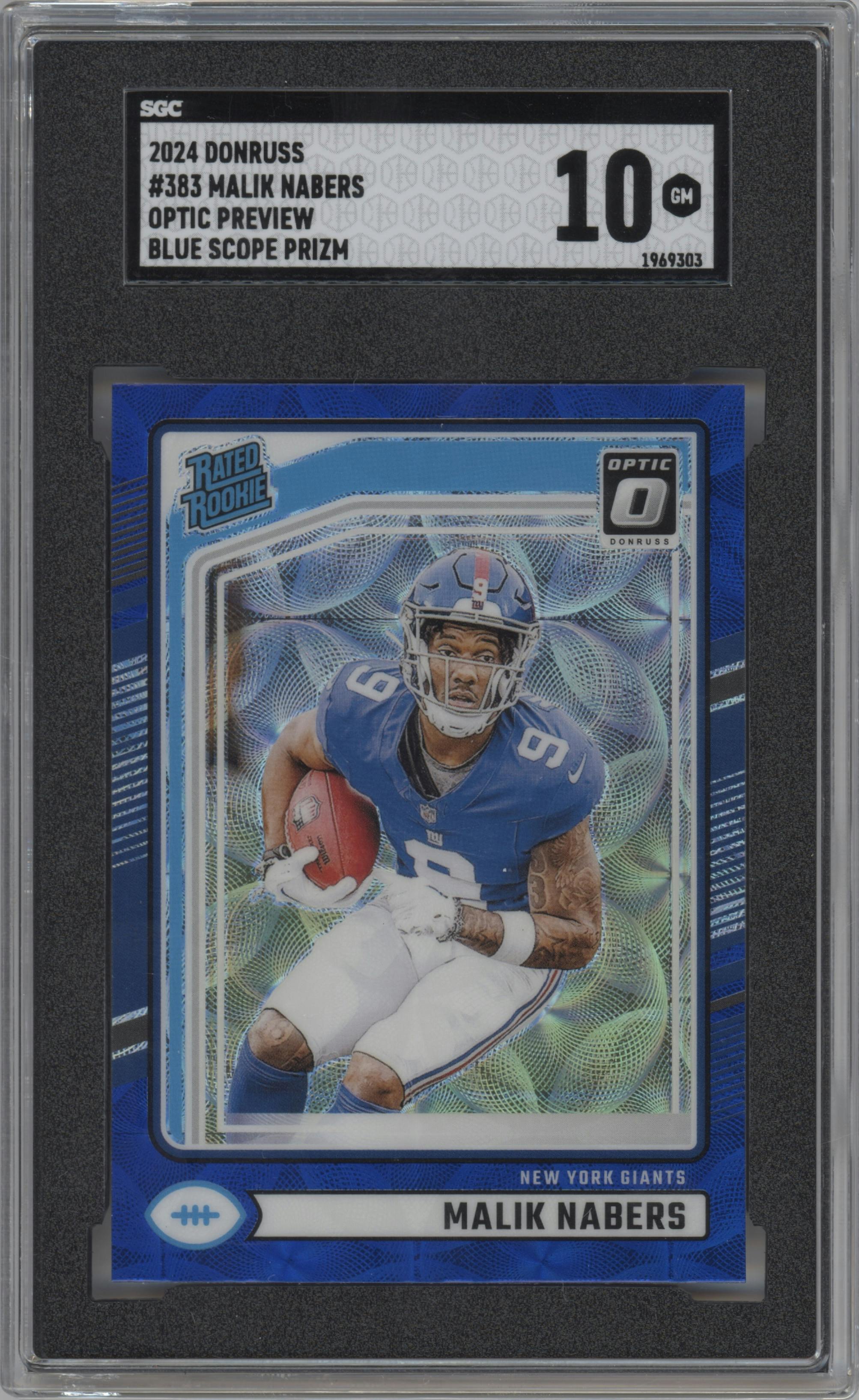 Malik Nabers from the 2024 Donruss set featuring a Blue Scope parallel graded by SGC and given an overall grade of 10.