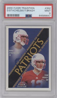 Dave Stachelski/Tom Brady from the 2000 Fleer Tradition set graded by PSA and given an overall grade of 9.