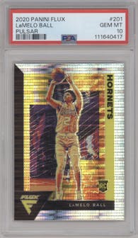 LaMelo Ball from the 2020-21 Panini Flux set featuring a Pulsar parallel graded by PSA and given an overall grade of 10.