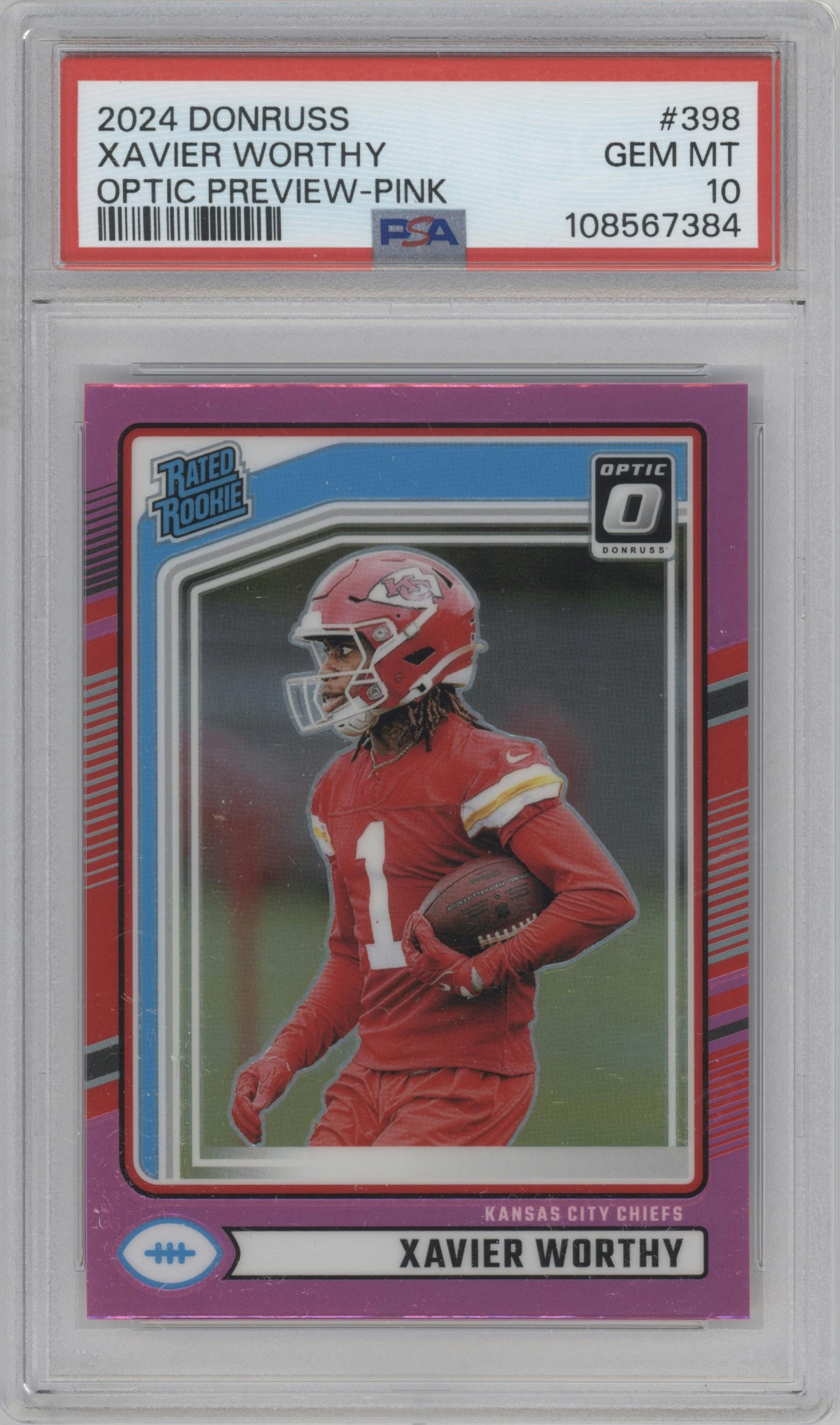 Xavier Worthy from the 2024 Donruss set featuring a Pink parallel graded by PSA and given an overall grade of 10.