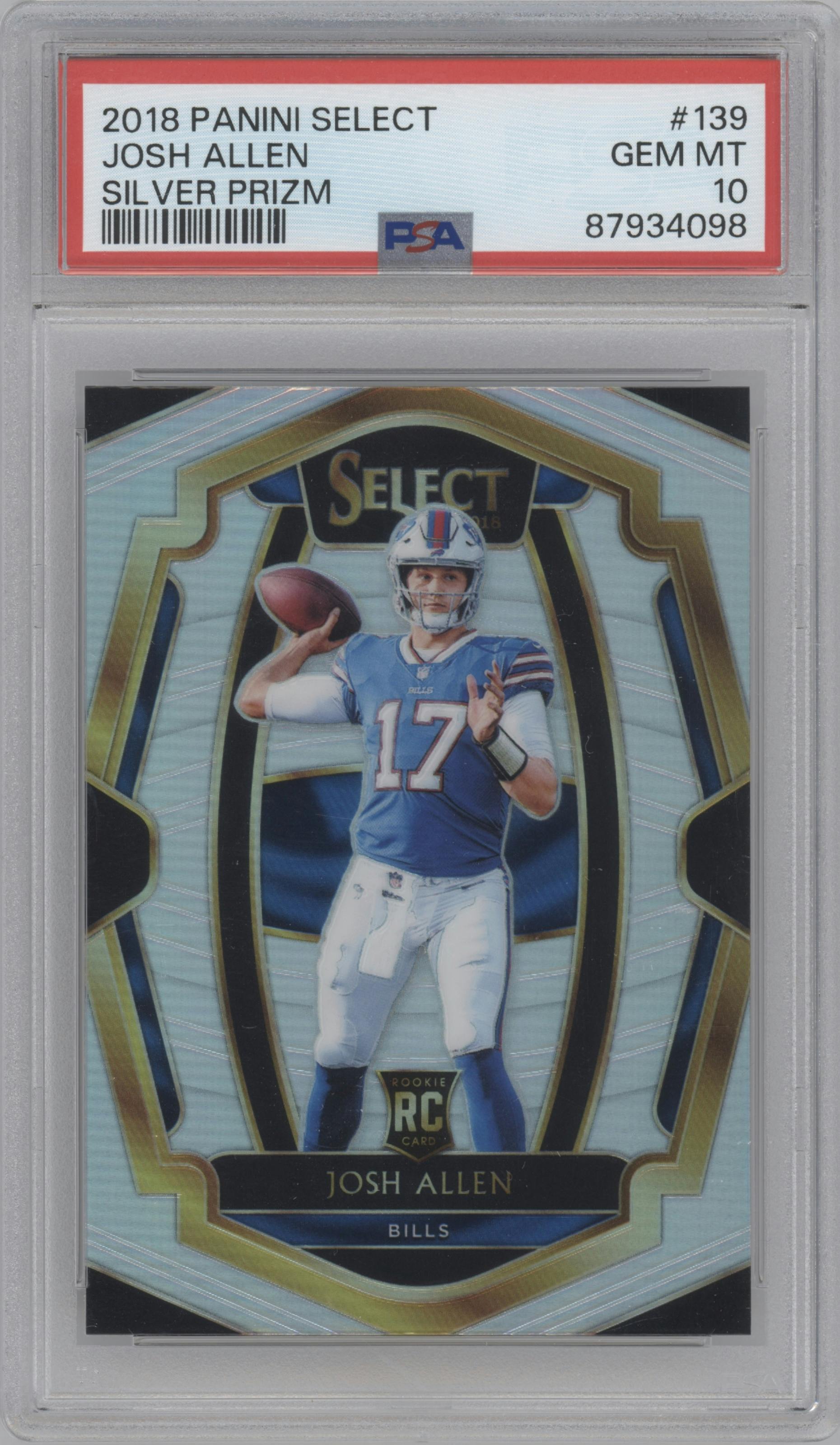 Josh Allen from the 2018 Panini Select set featuring a Silver Prizm parallel graded by PSA and given an overall grade of 10.