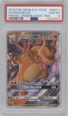 Charizard GX from the 2019 Pokemon S&M  set featuring a Hidden Fates Tins parallel graded by PSA and given an overall grade of 10.