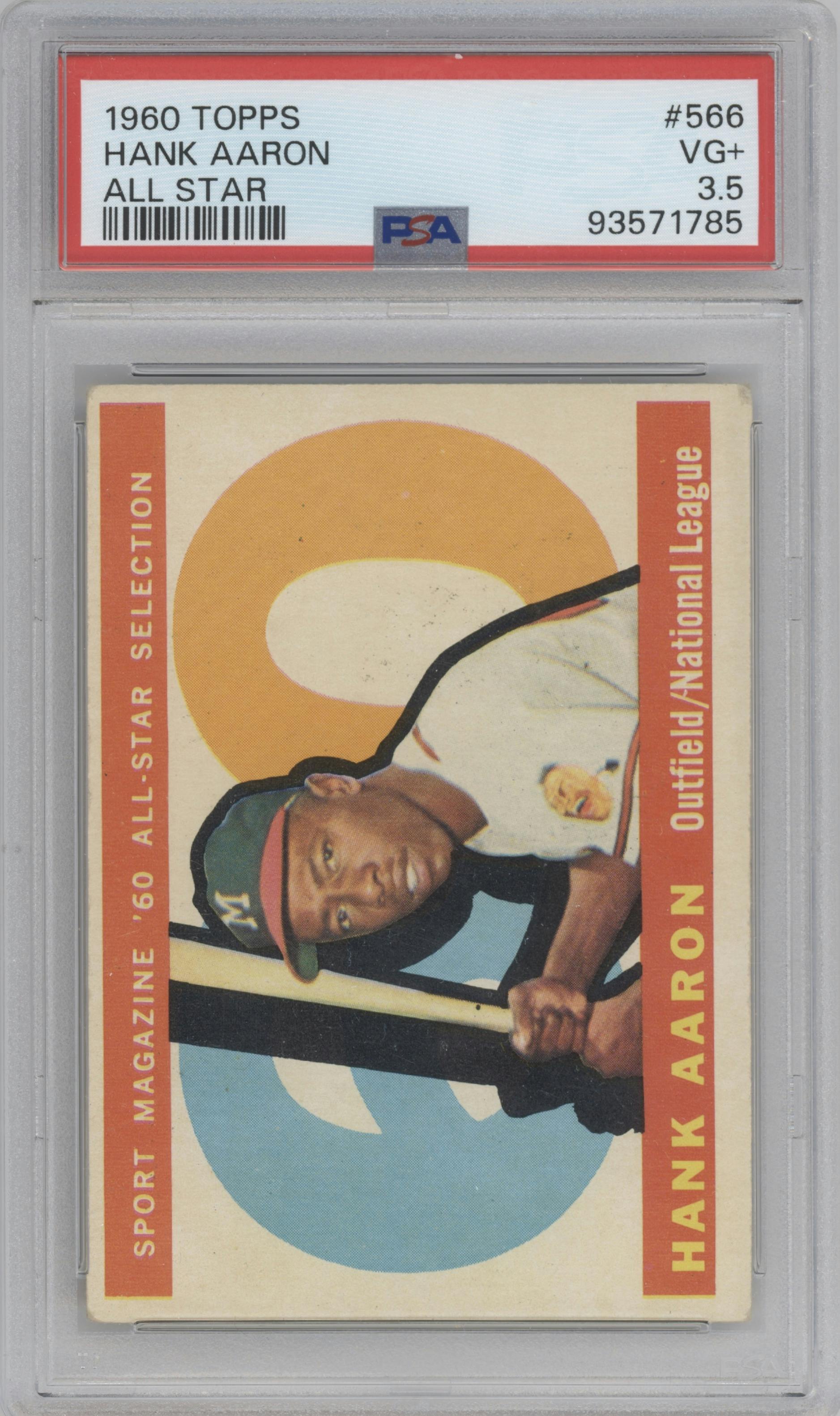 Hank Aaron from the 1960 Topps set graded by PSA and given an overall grade of 3.5.