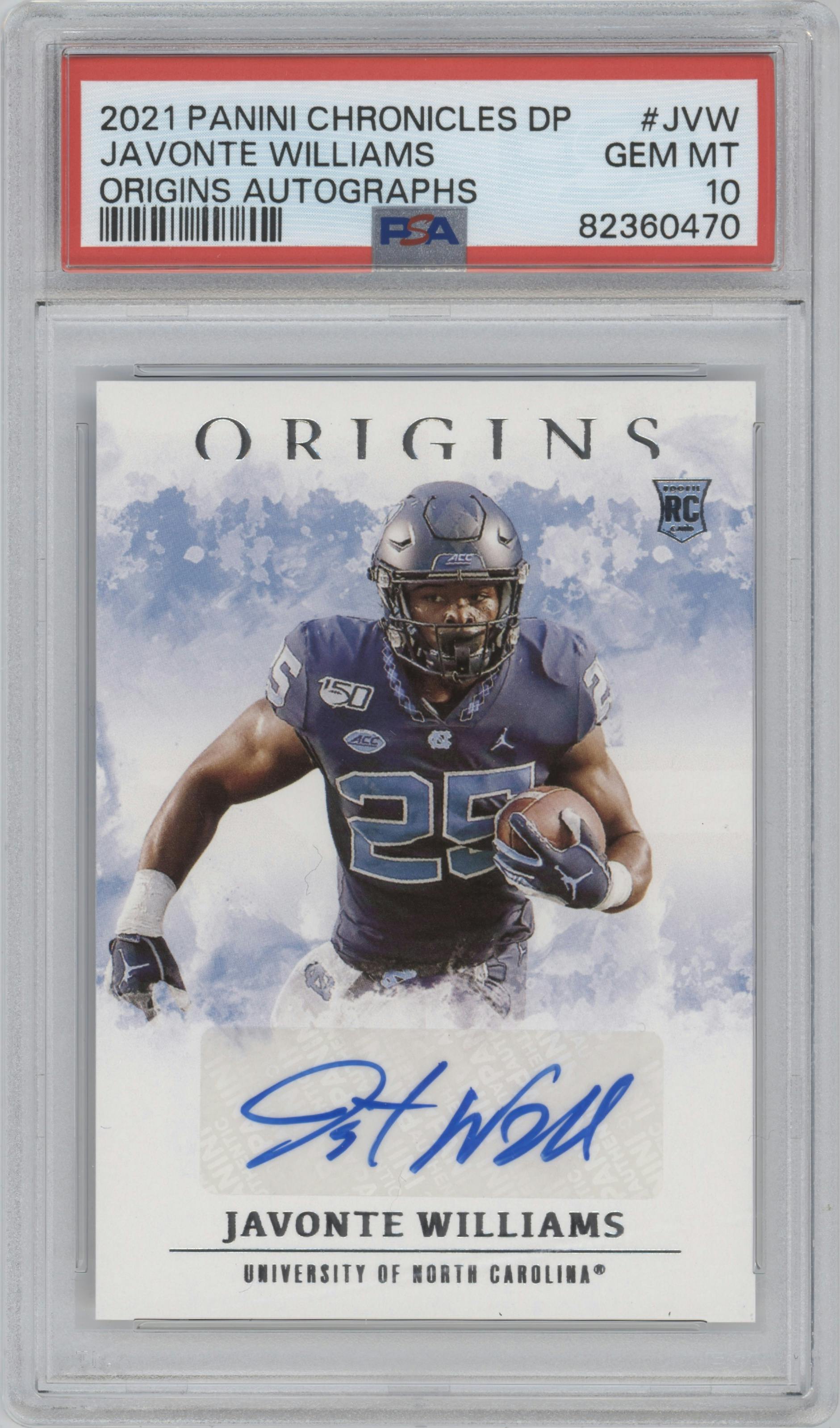 Javonte Williams from the 2021 Panini Chronicles Draft Picks set graded by PSA and given an overall grade of 10.